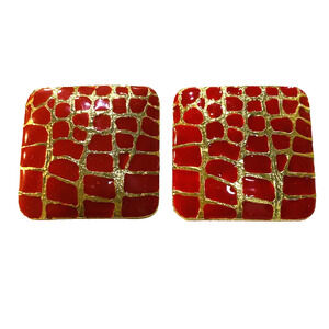 Vintage Pierced Earrings Goldtone Squares Red Enamel Mod Chunky 1980s Fashion